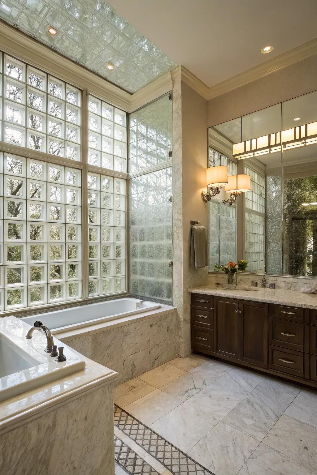 A fancy bathroom with a crystal cube shower wall, creating a calm, spa-like vibe.