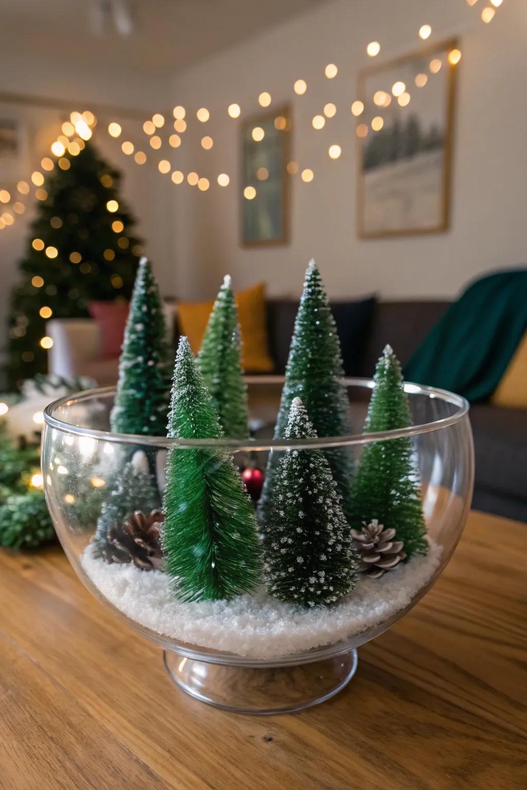Teeny Christmas firs nestled inside a crystalline bowl.