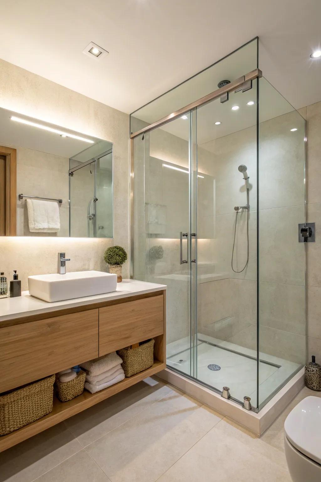 A frameless glass shower creates a seamless visual.