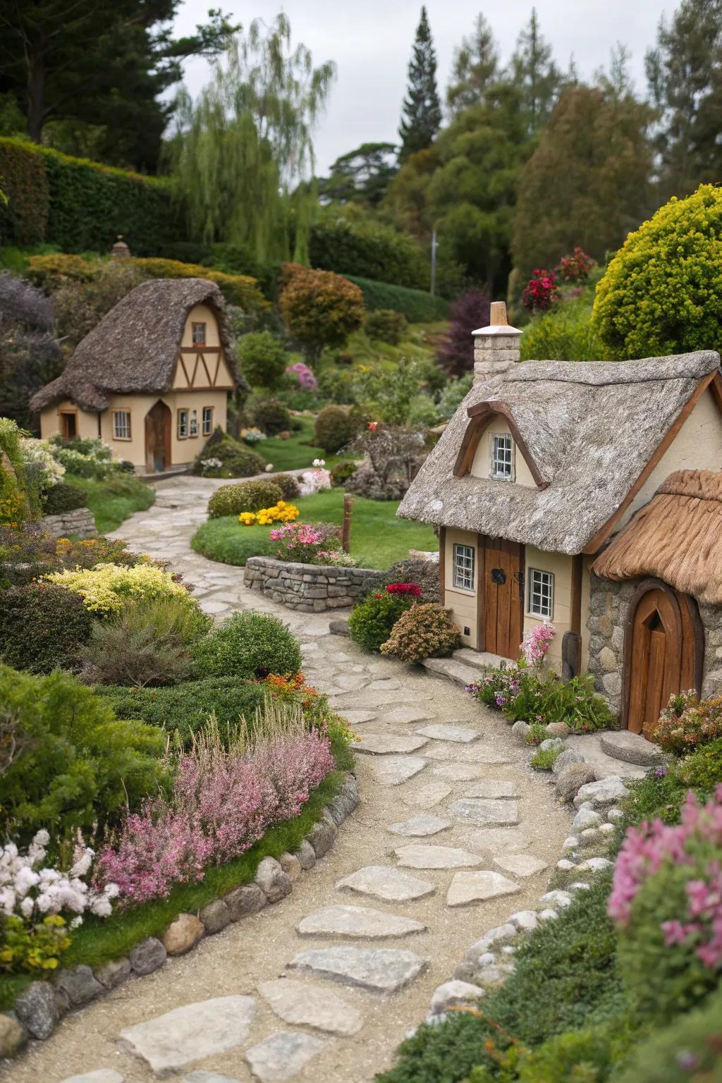 A charming miniature village nestled amongst vibrant blooms.