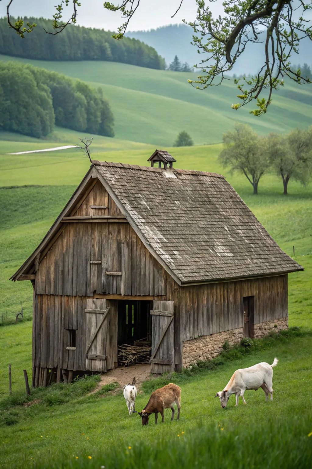 A rustic wooden goat barn providing both charm and shelter.