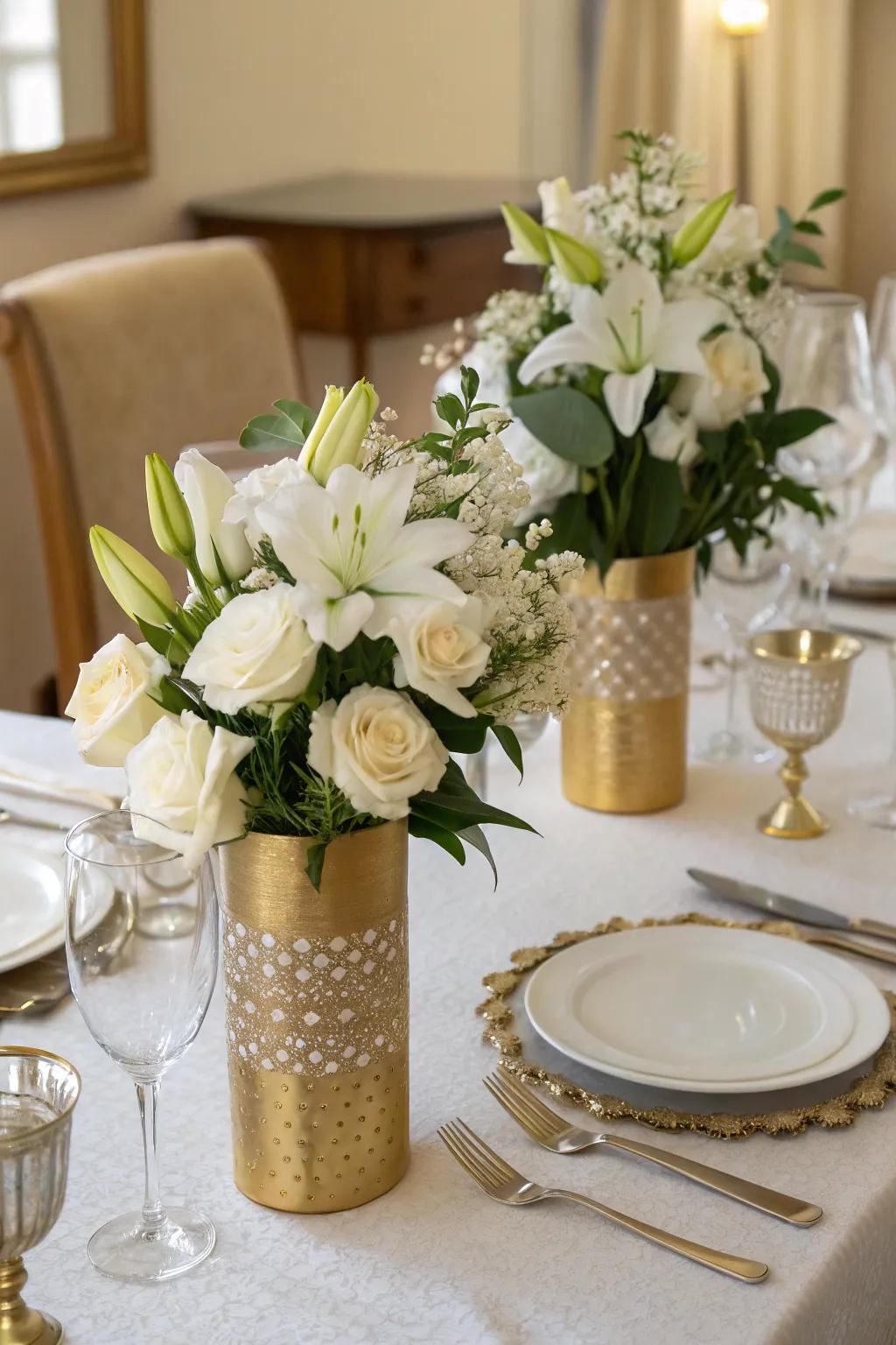 Eternal sophistication with gilded vessels and pristine white florals.