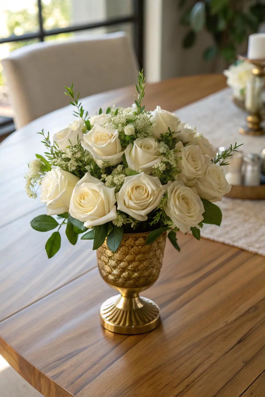 A classic golden vase showcasing beautiful white roses.