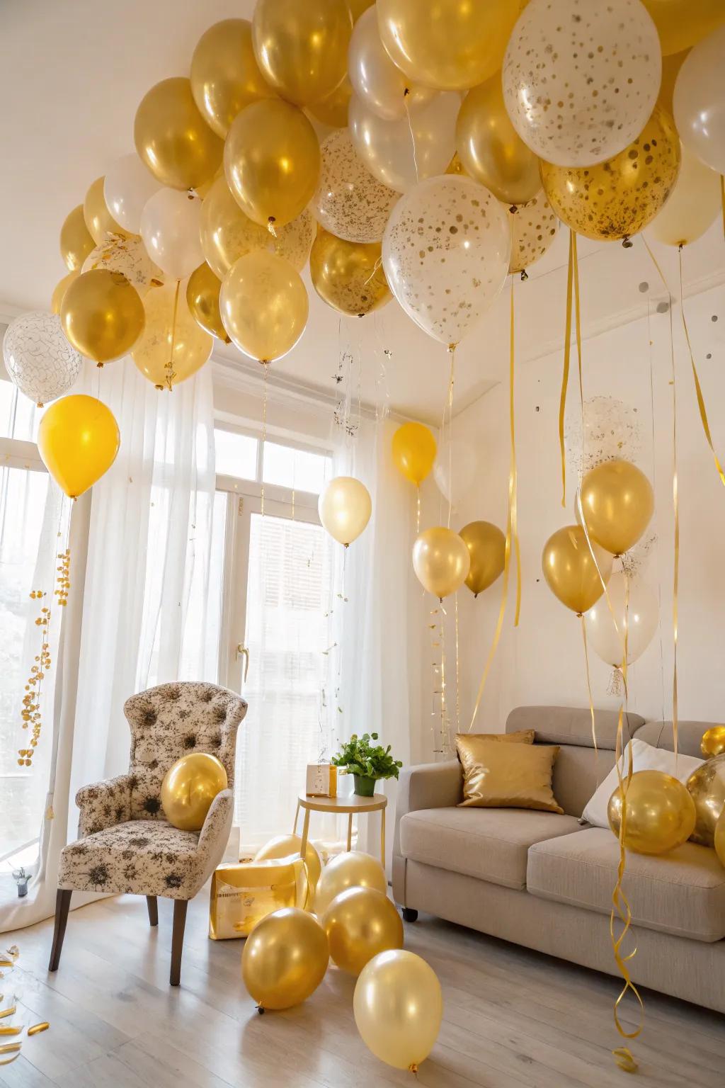 A transformation into a festive space with an ocean of golden balloons.