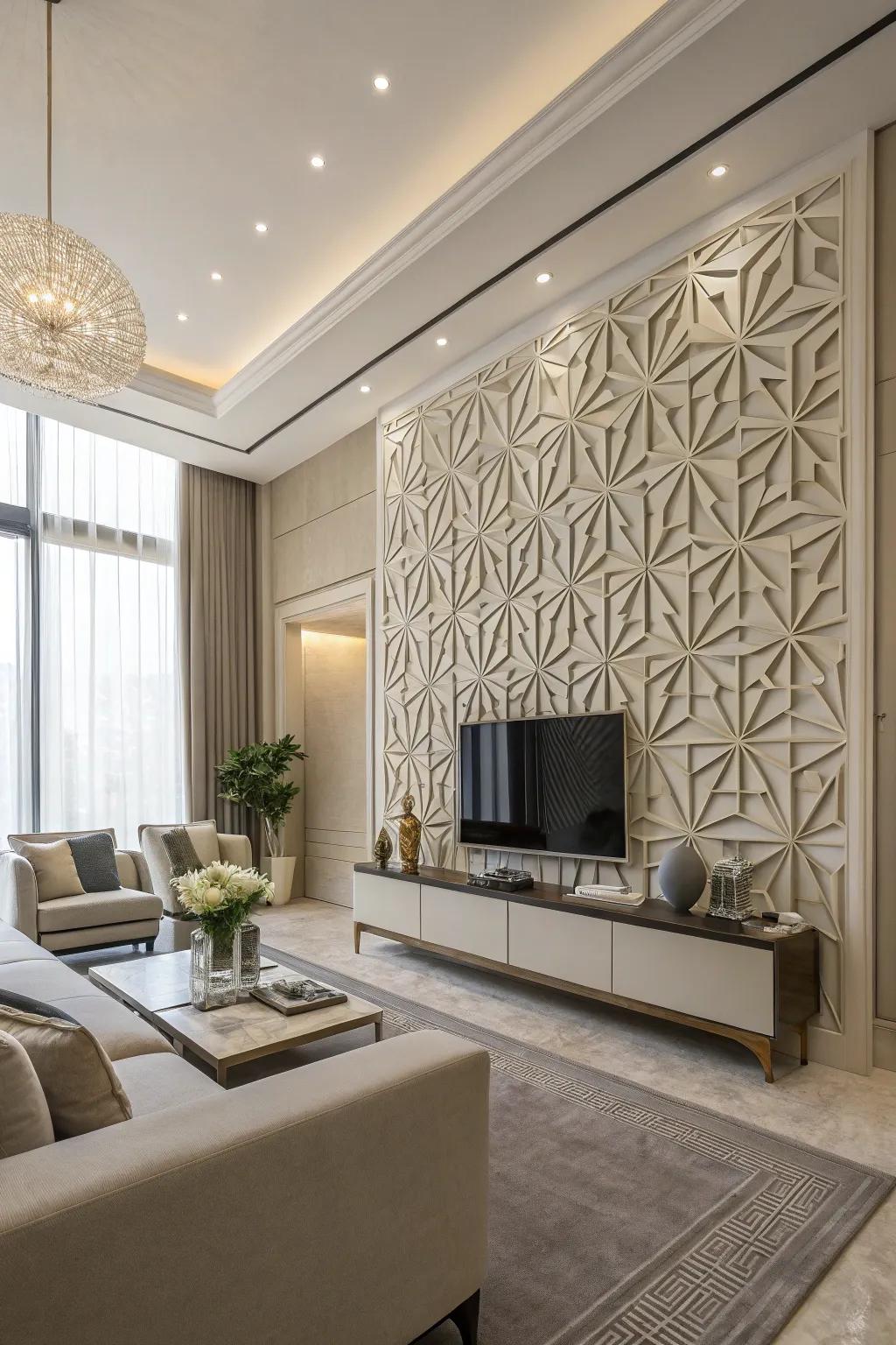 A modern living space is decorated with geometric wall art.