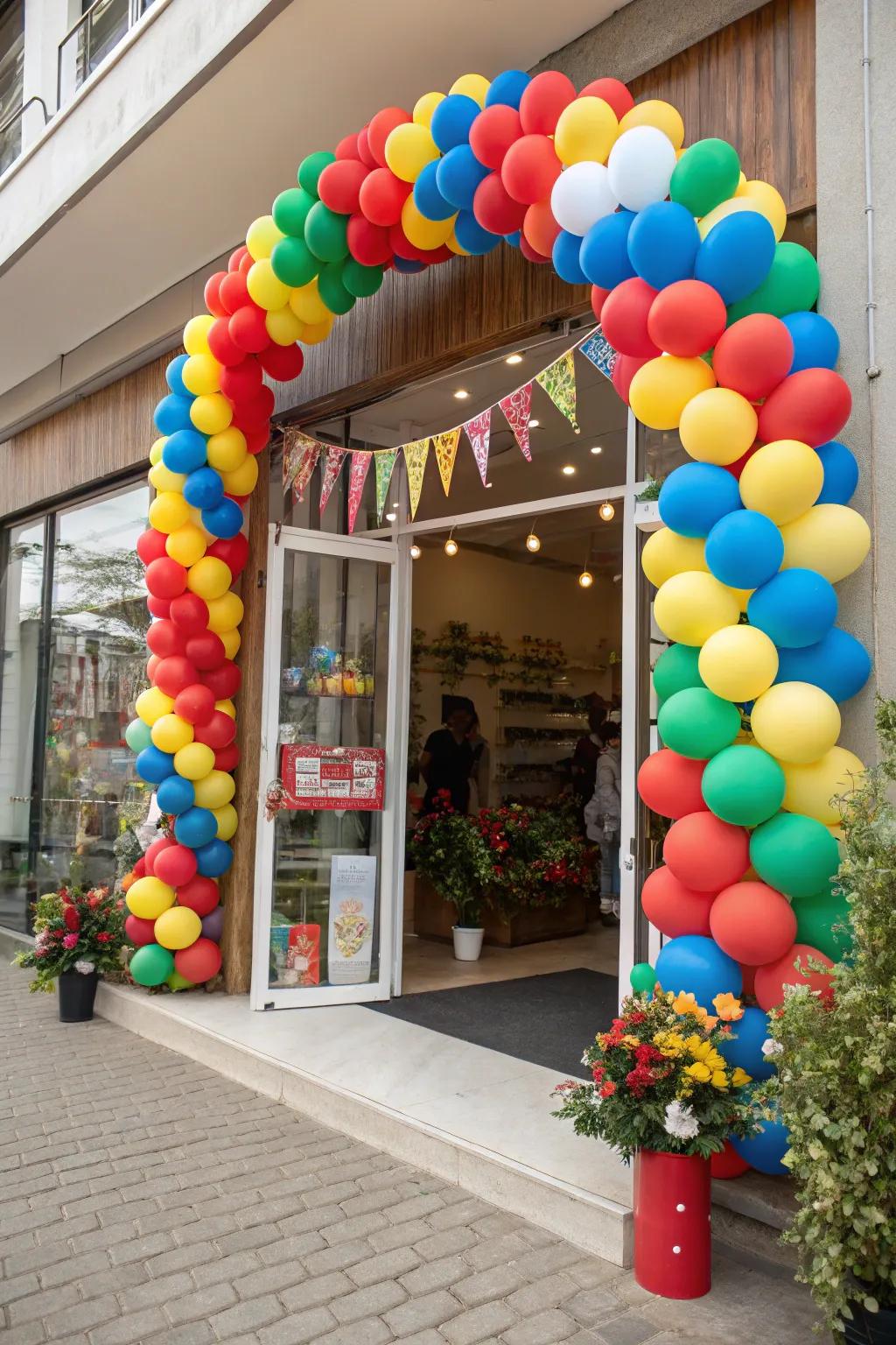 A classic balloon arch creates a welcoming frame at the entrance.