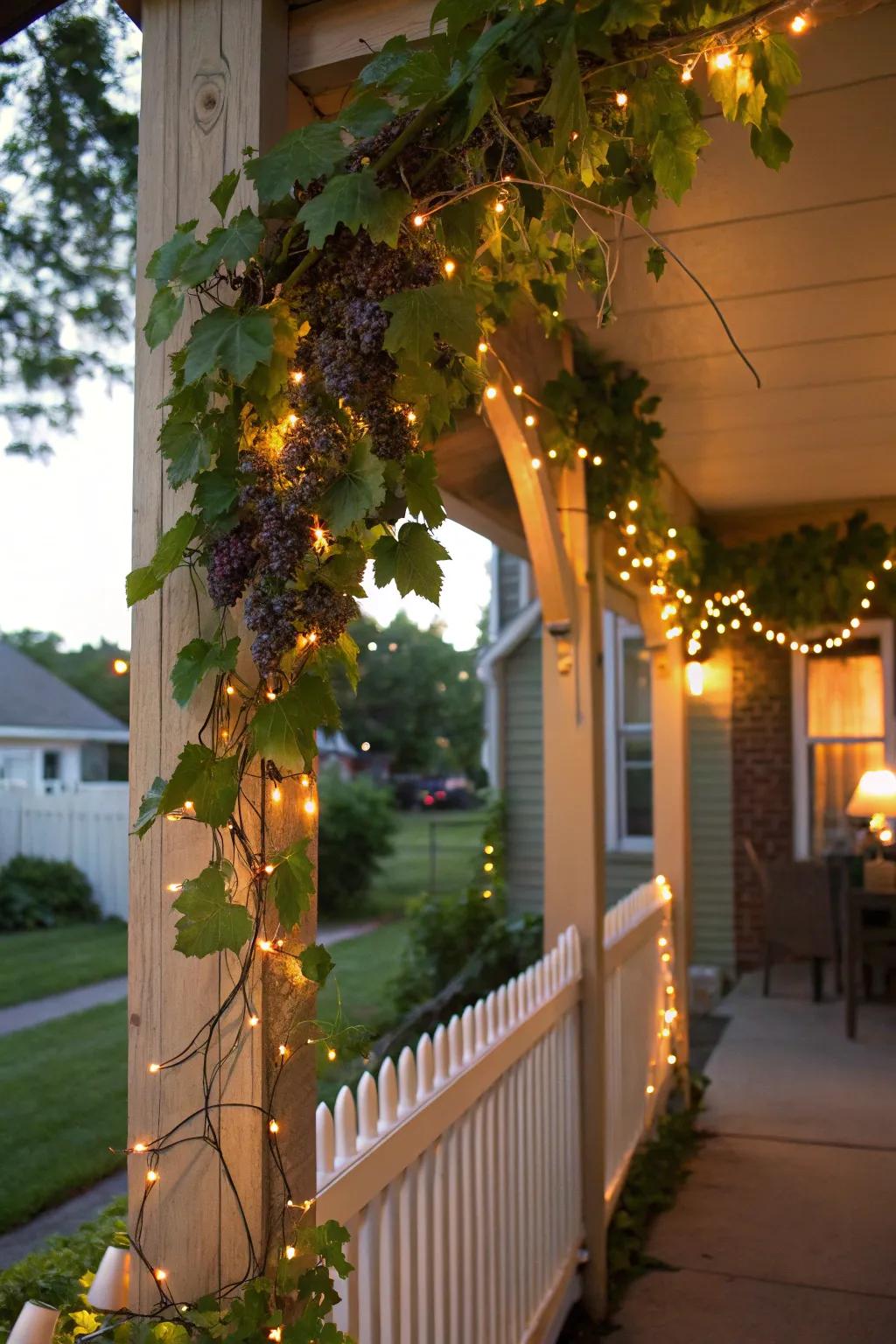 An inviting porch highlighted by a grapevine swag and ambient lights.