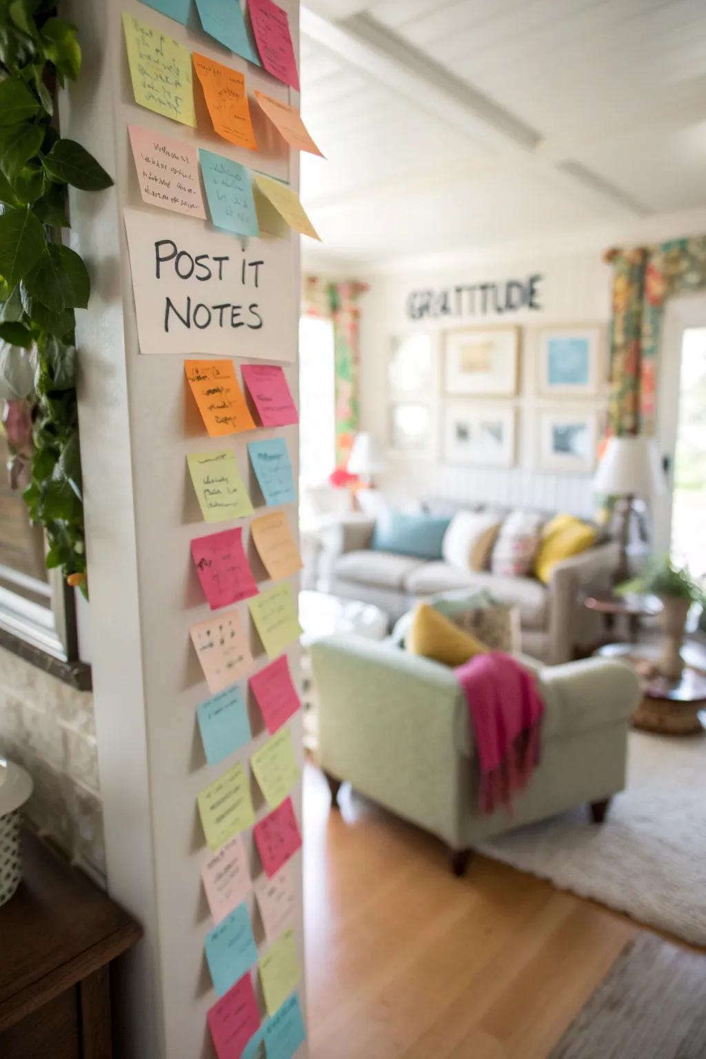 A lively gratitude wall showcasing multicolored reminder notes.