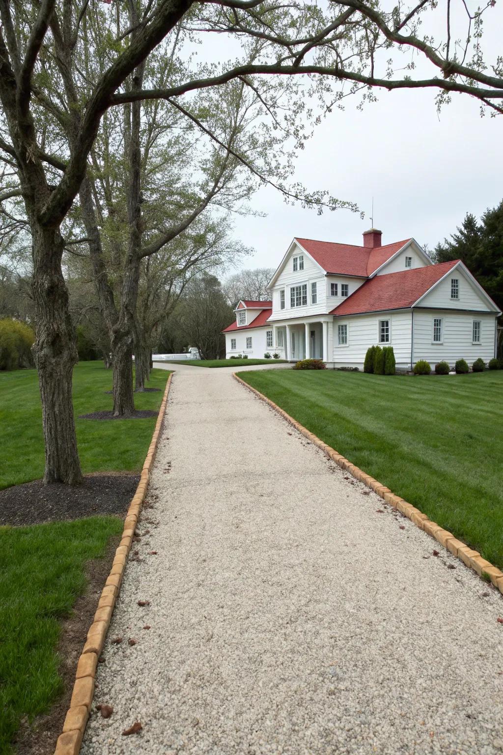 An ageless gravel pathway defined by its crisp lines and traditional allure.