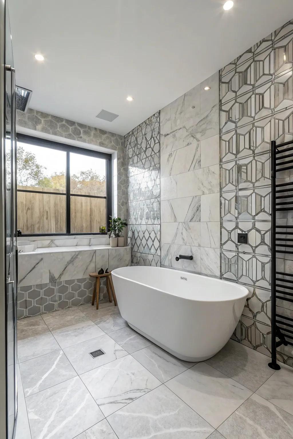 Gray and white marble tiles introduce an element of sophistication to this bathroom.