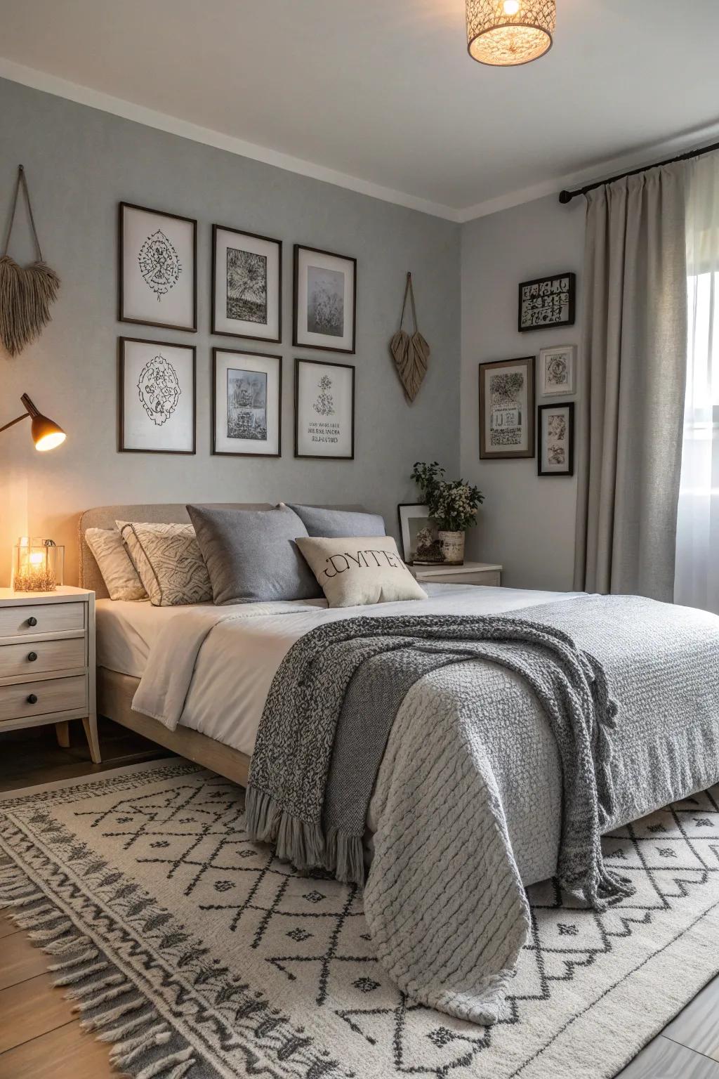 A boudoir exhibiting an elegant arrangement of diverse gray tones, culminating in an atmosphere imbued with depth and tenderness.