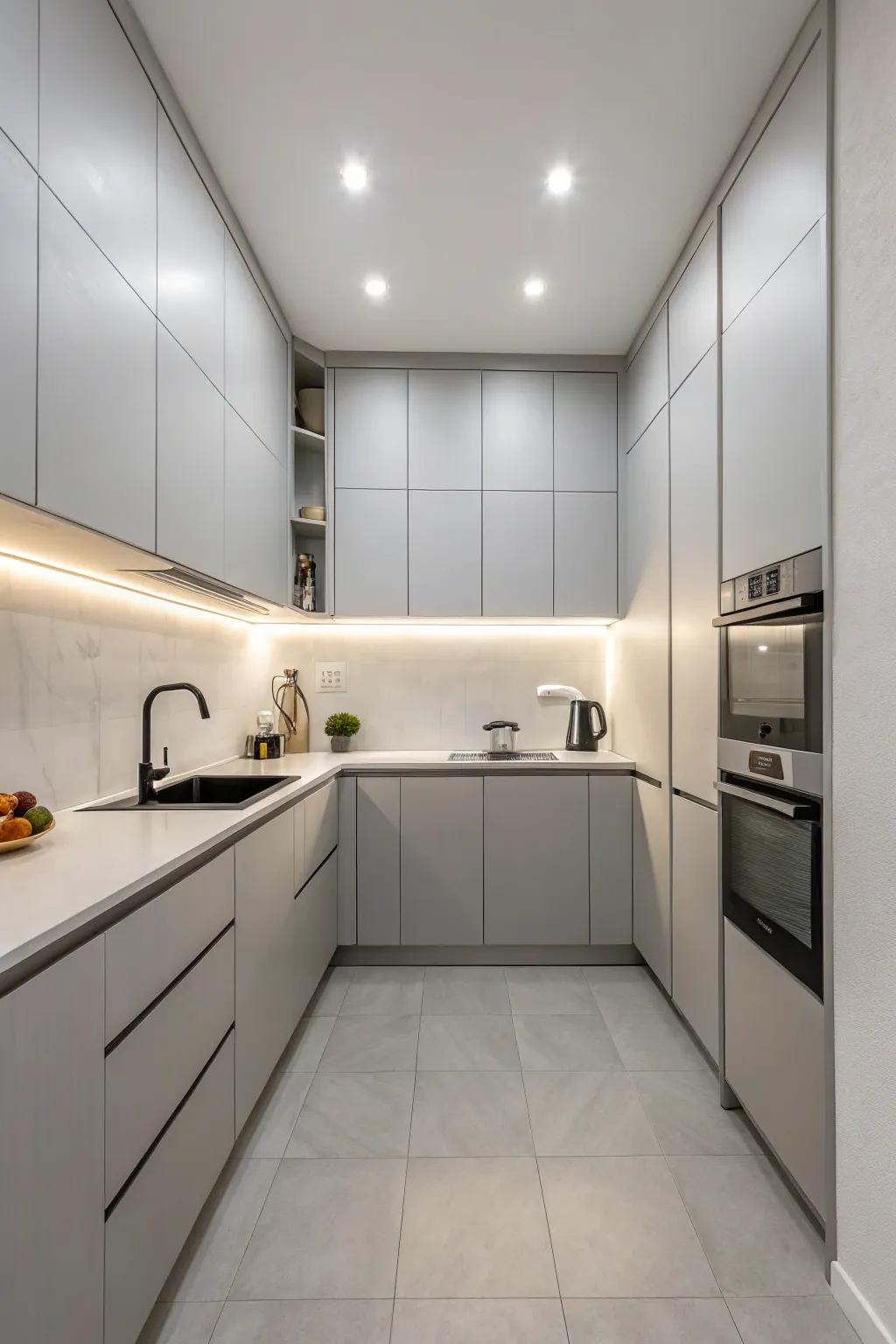 A minimalist cooking area showcasing the sophistication of elegantly designed gray cabinets.