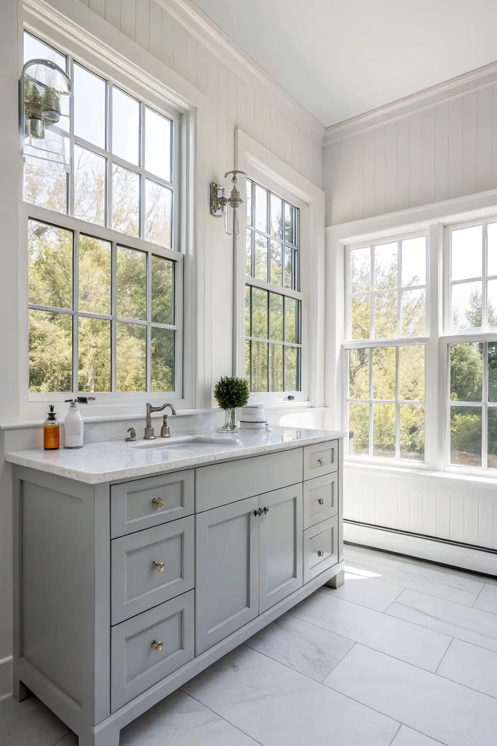 A light gray vanity situated in a well-lit bathroom, highlighting the charm of sunlight.