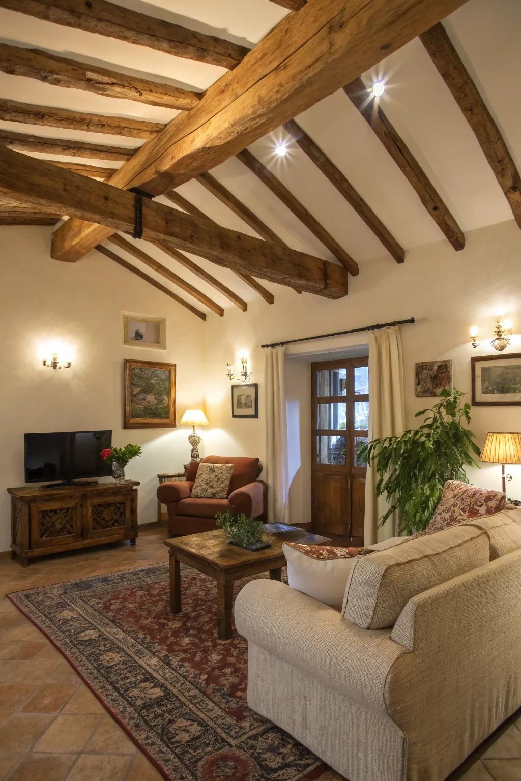 Exposed wooden beams bring a rustic appeal to any living area.
