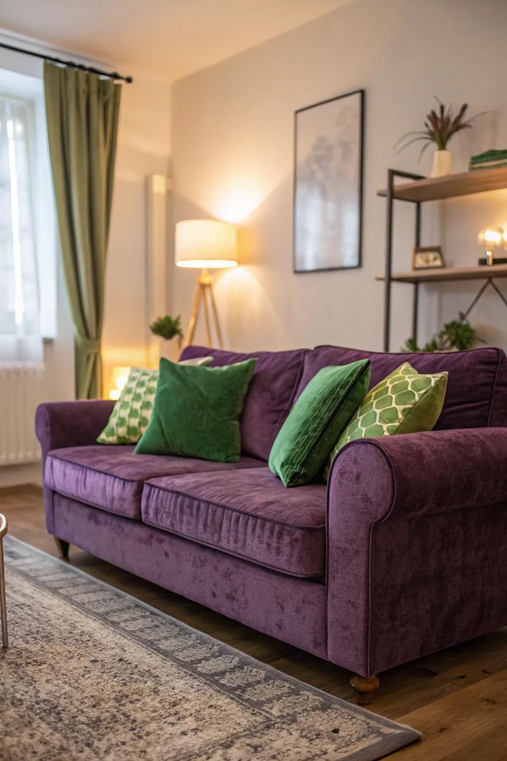An extravagant purple velvet sofa embellished with verdant cushions.