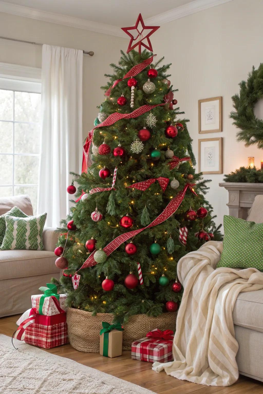 A classic green and red Christmas tree with nostalgic decorations.