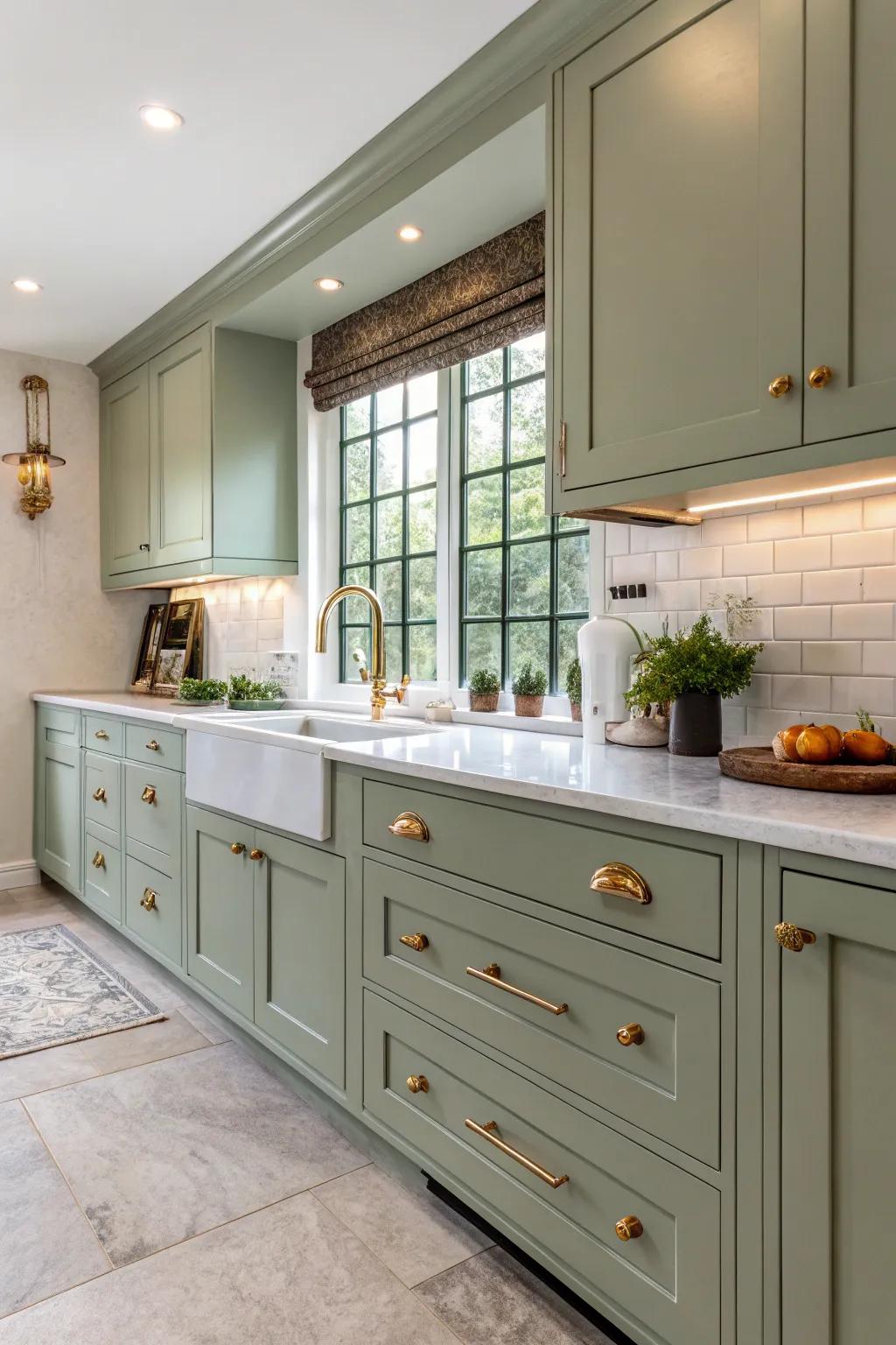 Elegant seafoam cabinets enhanced by brass details for a serene kitchen vibe.
