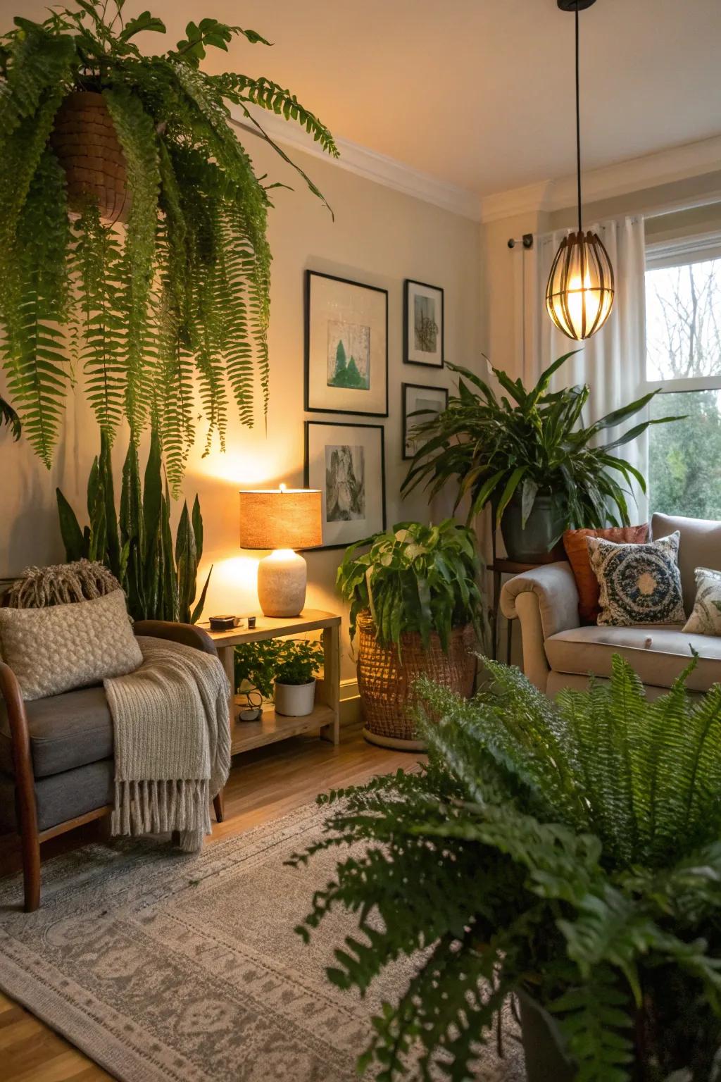 A living room enriched with a variety of indoor plants, fostering a revitalizing and refreshing ambiance.
