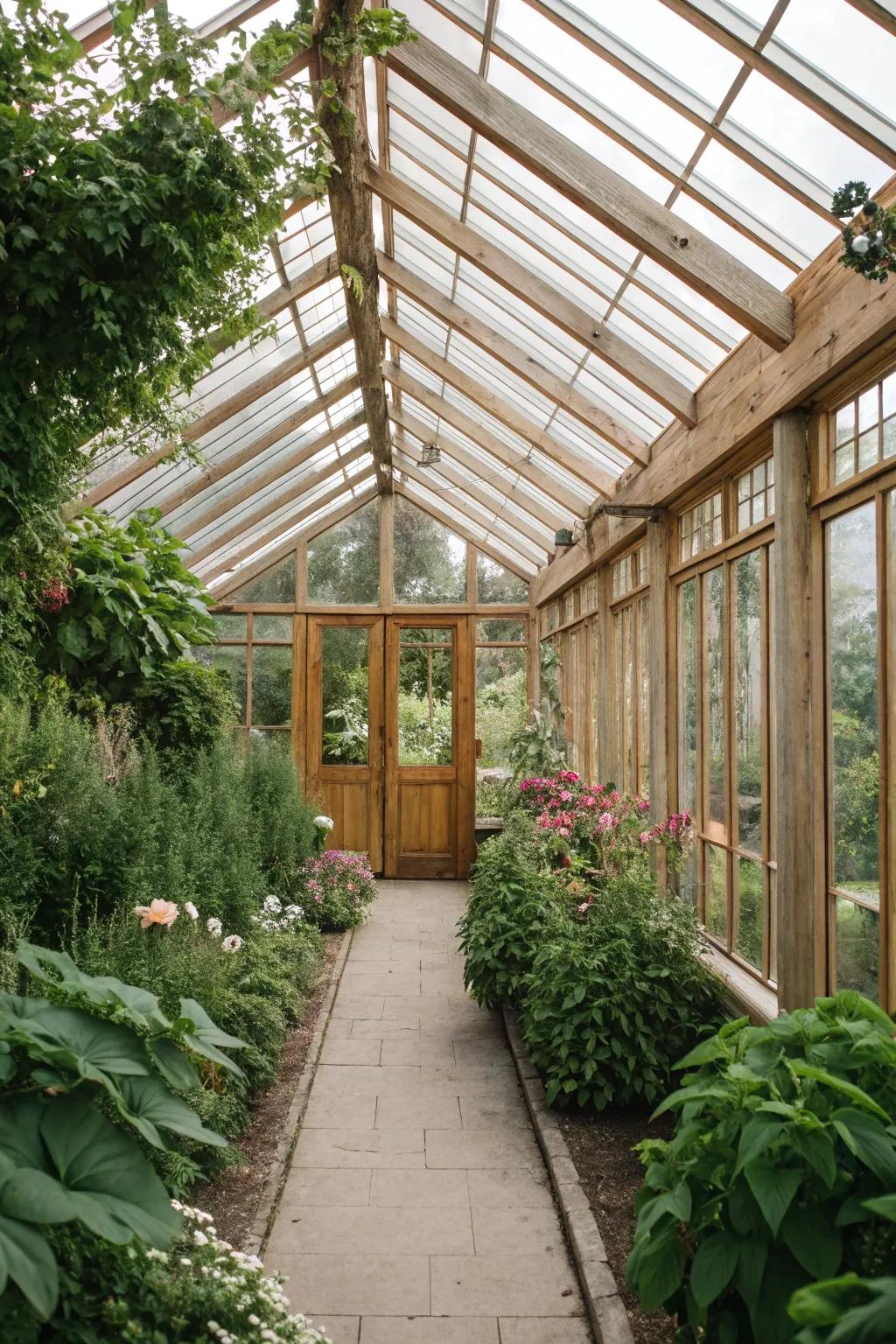 A classic wood and glass greenhouse awash with sunlight.