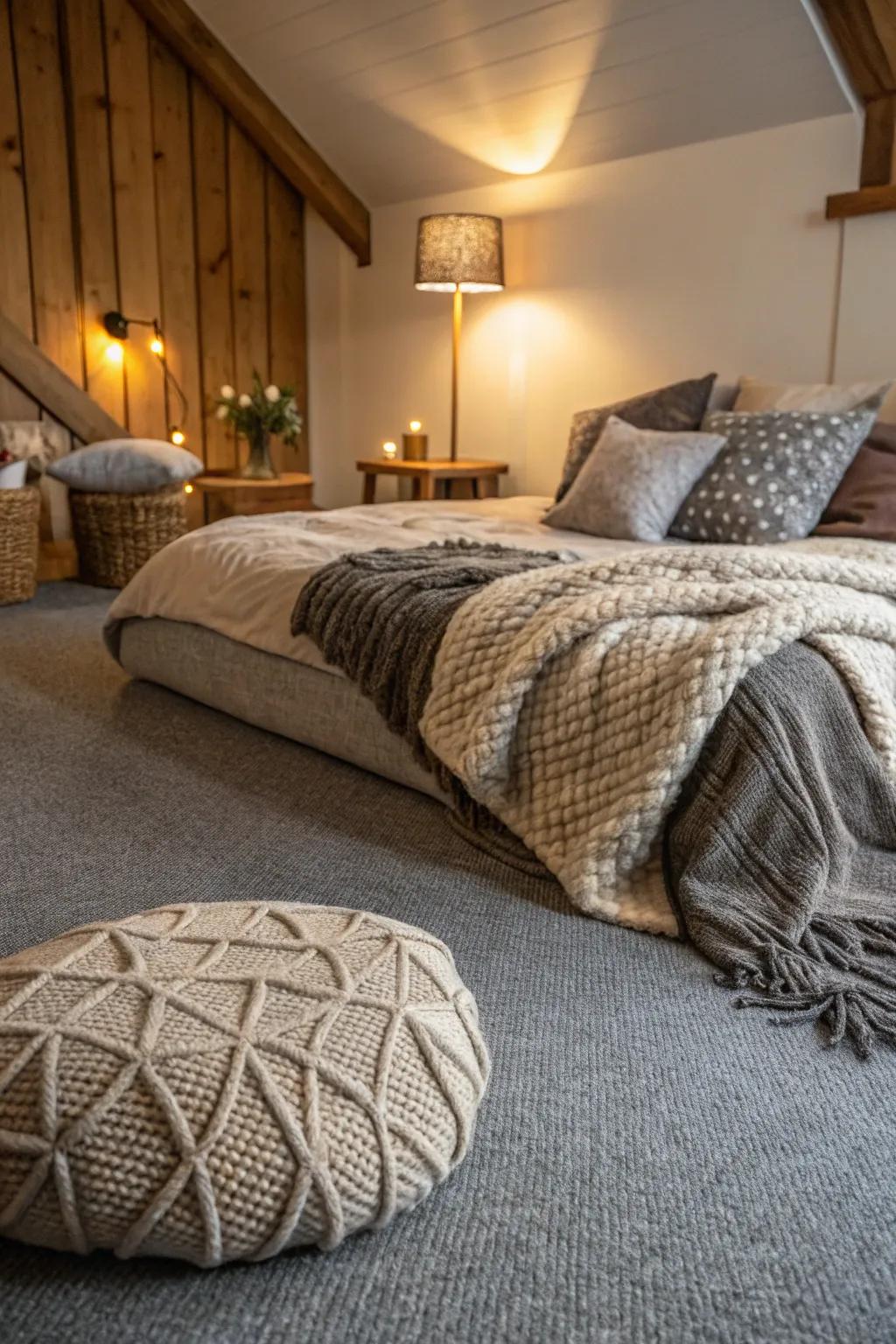 Delicate fabrics enhance the warmth and complexity of this sophisticated bedroom featuring a grey carpet.