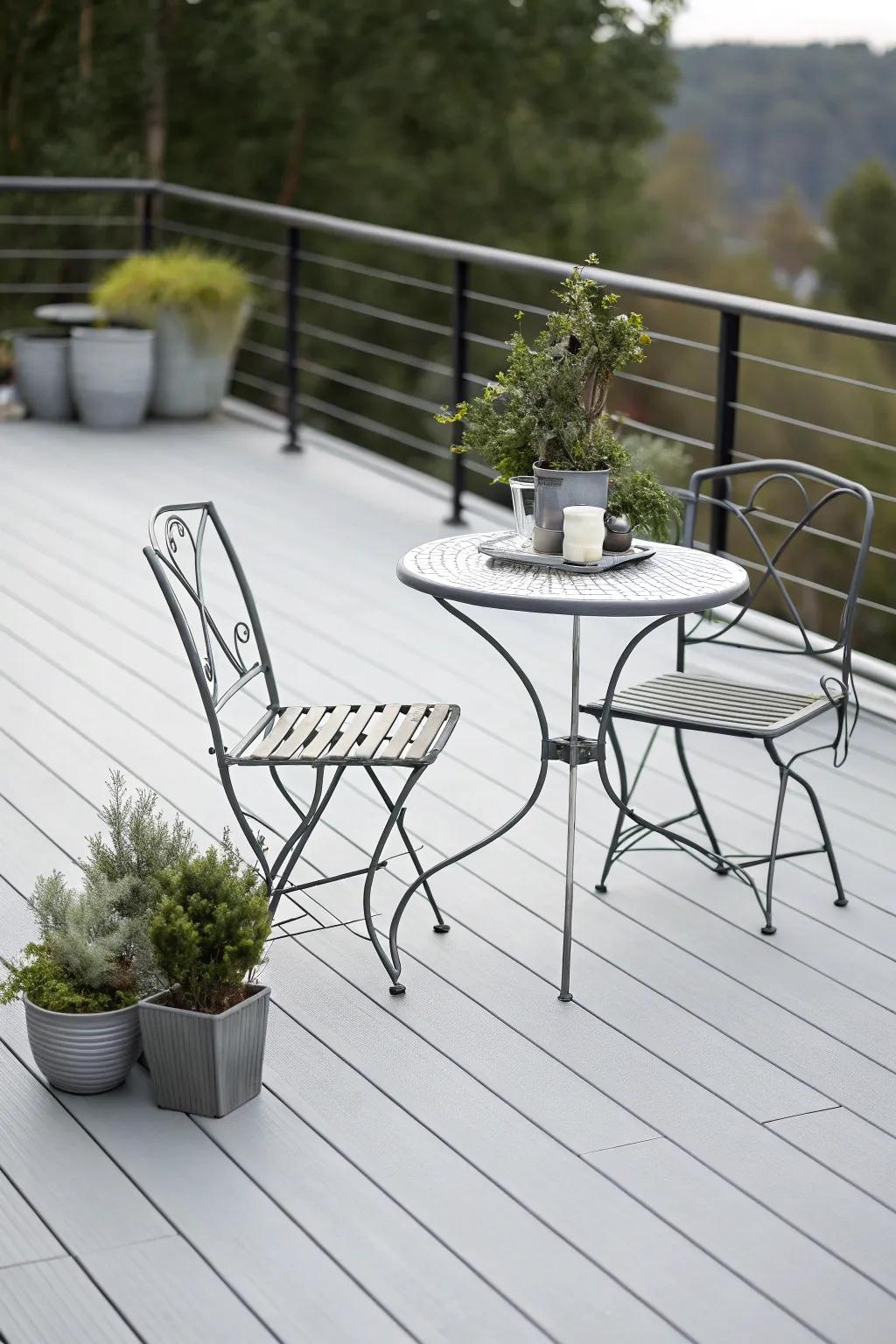 Minimalist grey deck with sleek furniture for a modern look.