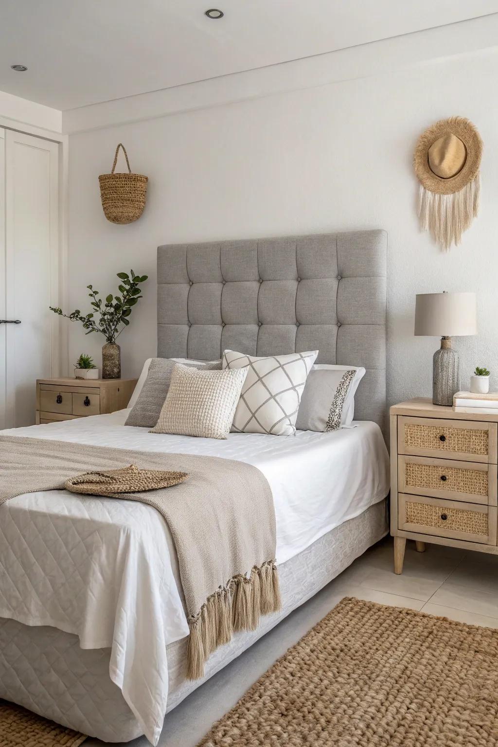 A minimalist bedroom showcasing a grey headboard with neutral decor for a calming effect.