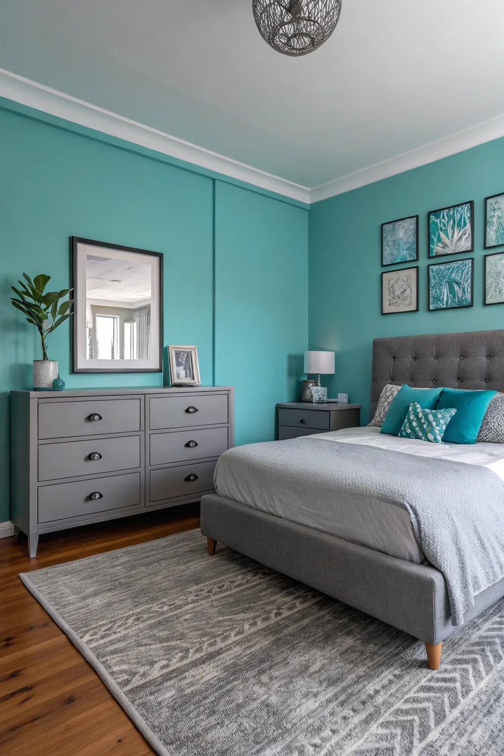 A turquoise feature wall introduces a refreshing element to a bedroom dominated by grey.