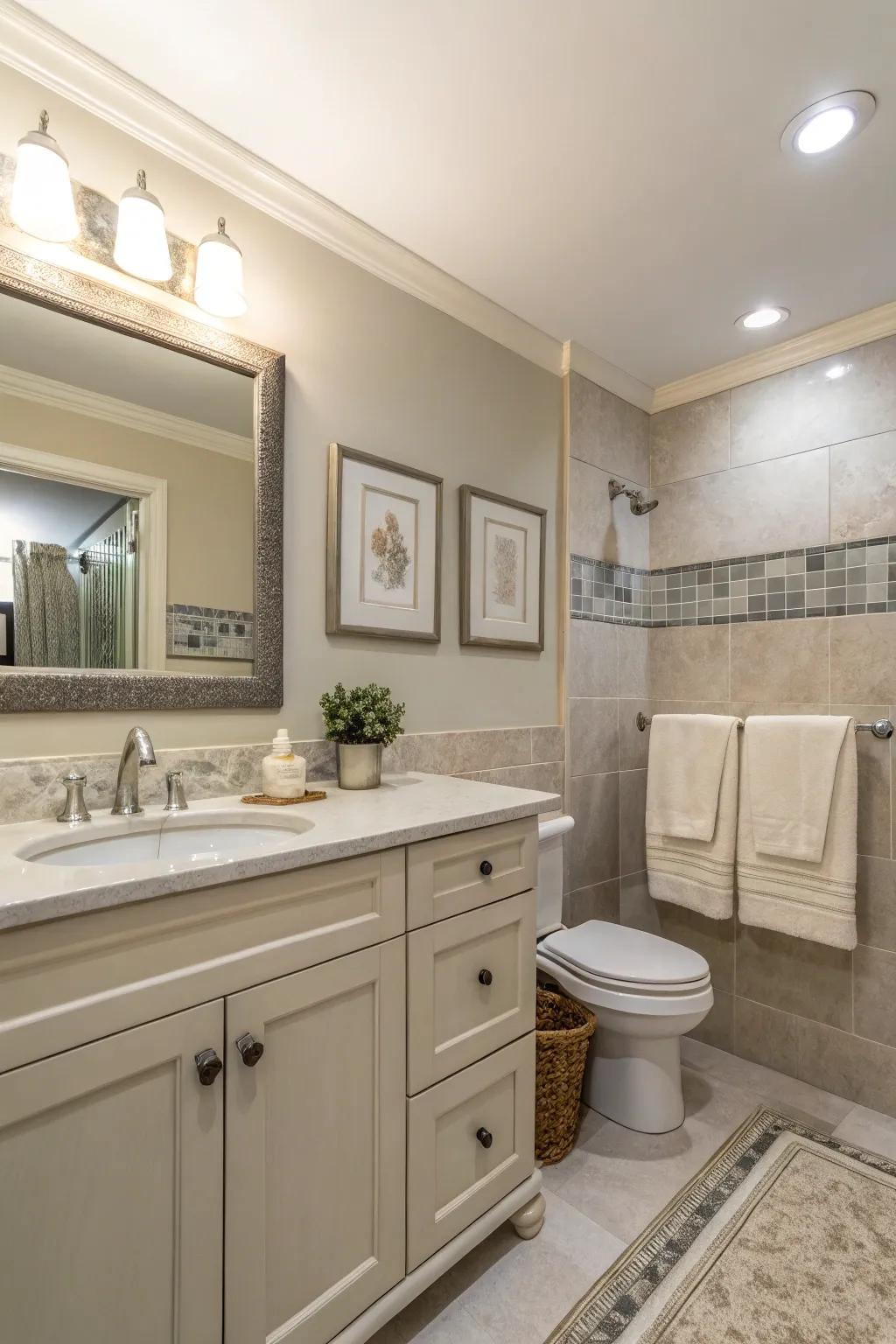 A guest bathroom featuring a calming neutral palette with soft beige and gray tones.