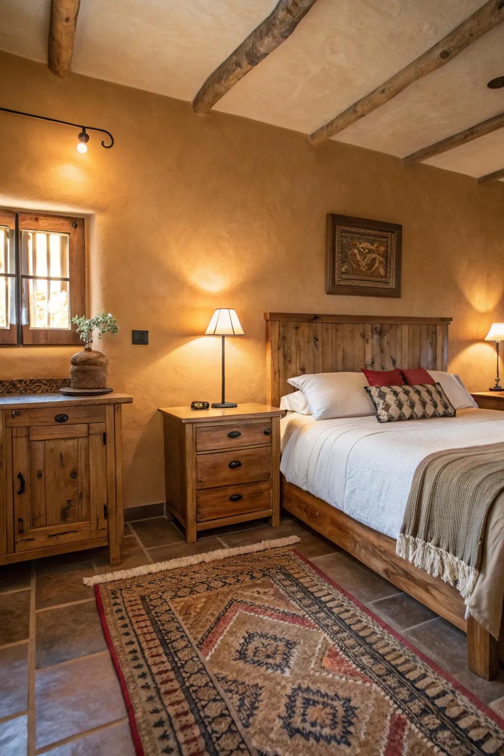 A guest room colored with warm earth tones to radiate comfort.