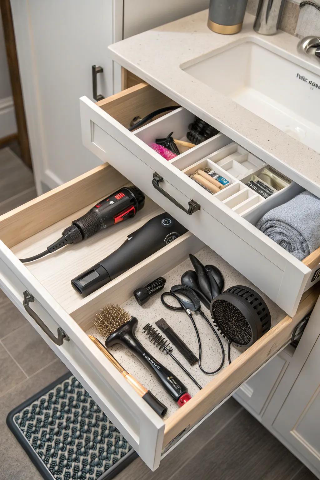 Effective deployment of under-sink space, featuring dedicated compartments for hair instruments.