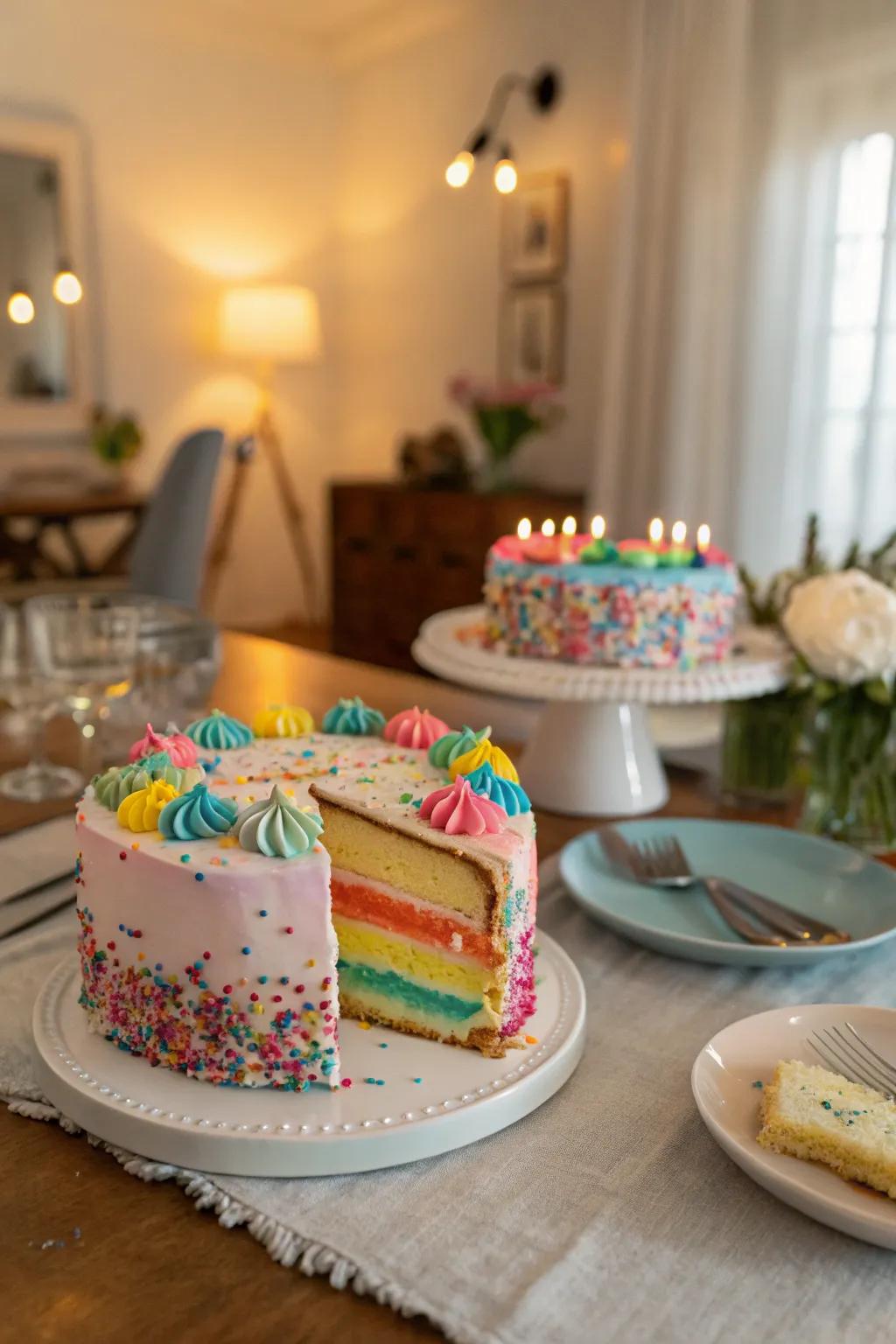 An enchanting two-quarters cake decorated with lively frosting and sprinkles, ideal for a half birthday.