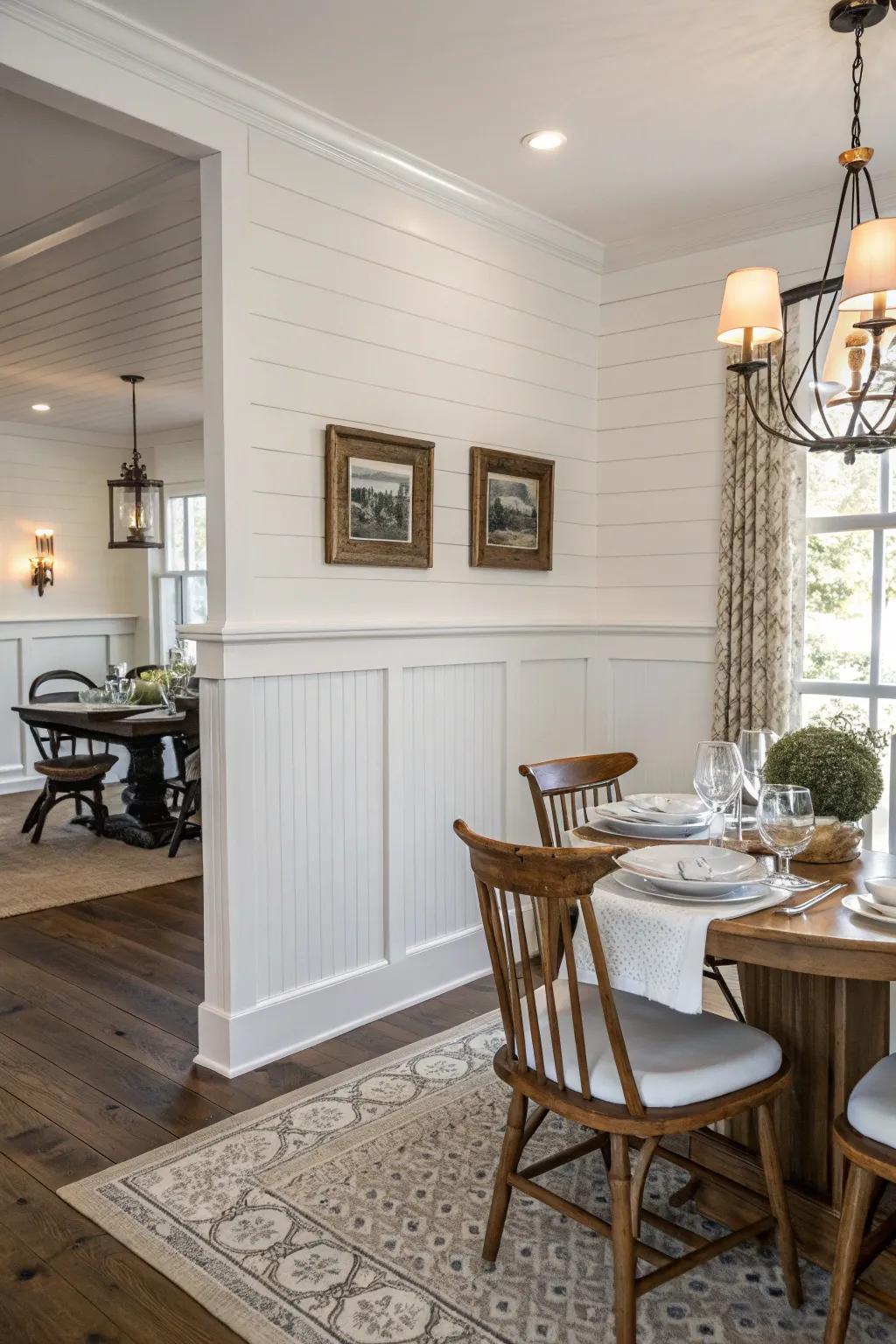 Classic off-white paneling matched with a wooden decorative trim in a dining area.