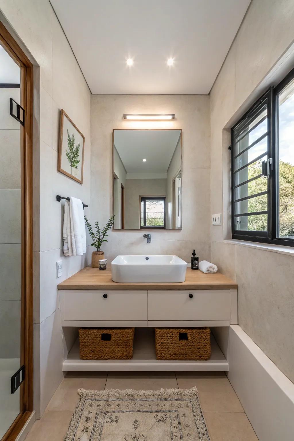 A minimalist bathroom featuring a sleek design and pristine appearance.