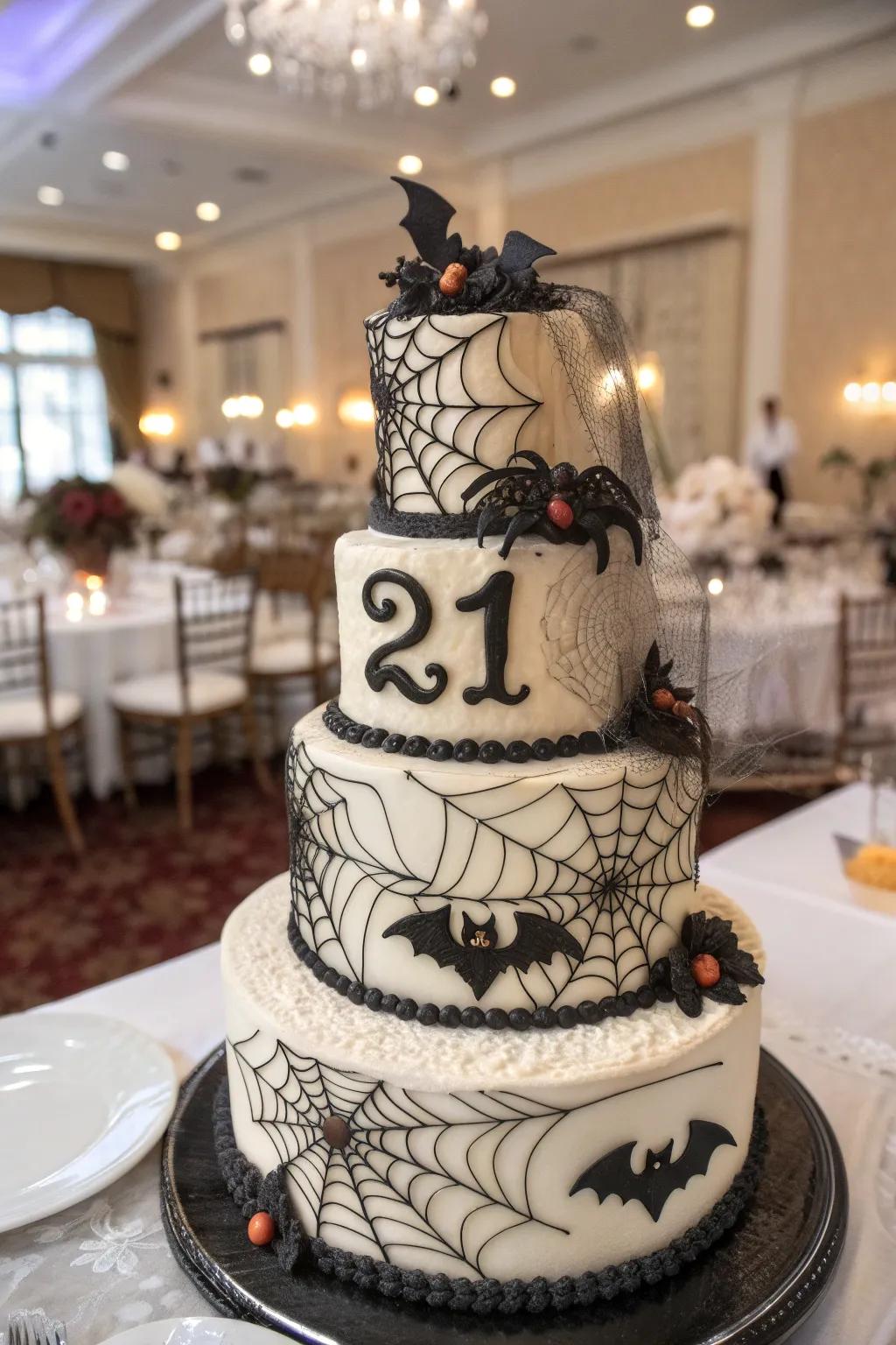 A cake masterpiece that perfectly combines spooky and elegant elements.