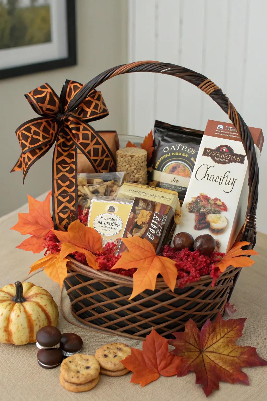 A basket overflowing with gourmet goodies for a luxurious Halloween treat.