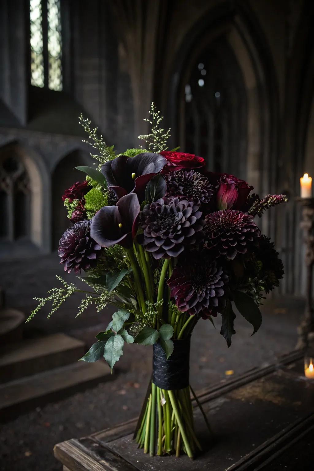 An elaborate bouquet featuring dark beauties, ideal for setting a somber Halloween mood.