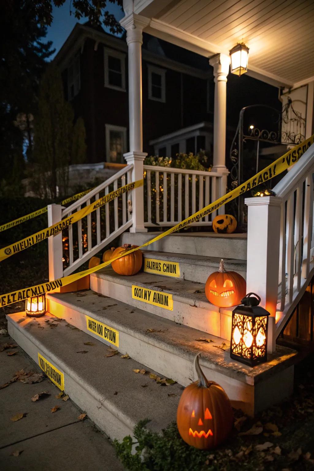 An eerie porch scene featuring hazard strips and pumpkins.