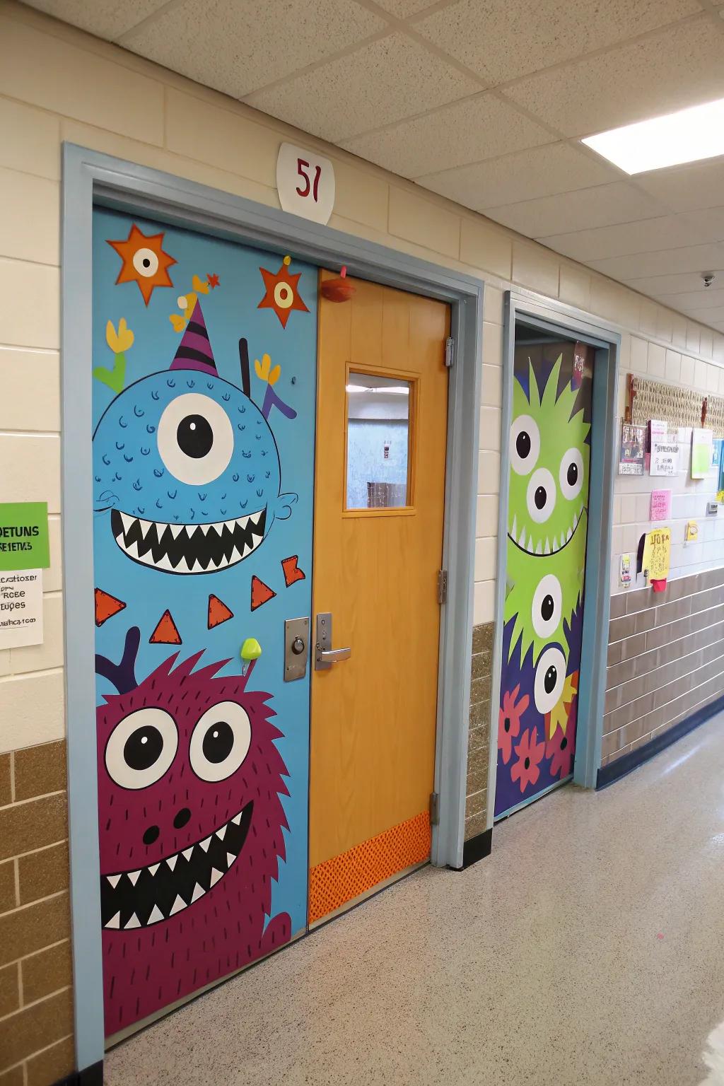 A classroom door radiating friendly, vibrant monsters, ideal for school festivities.