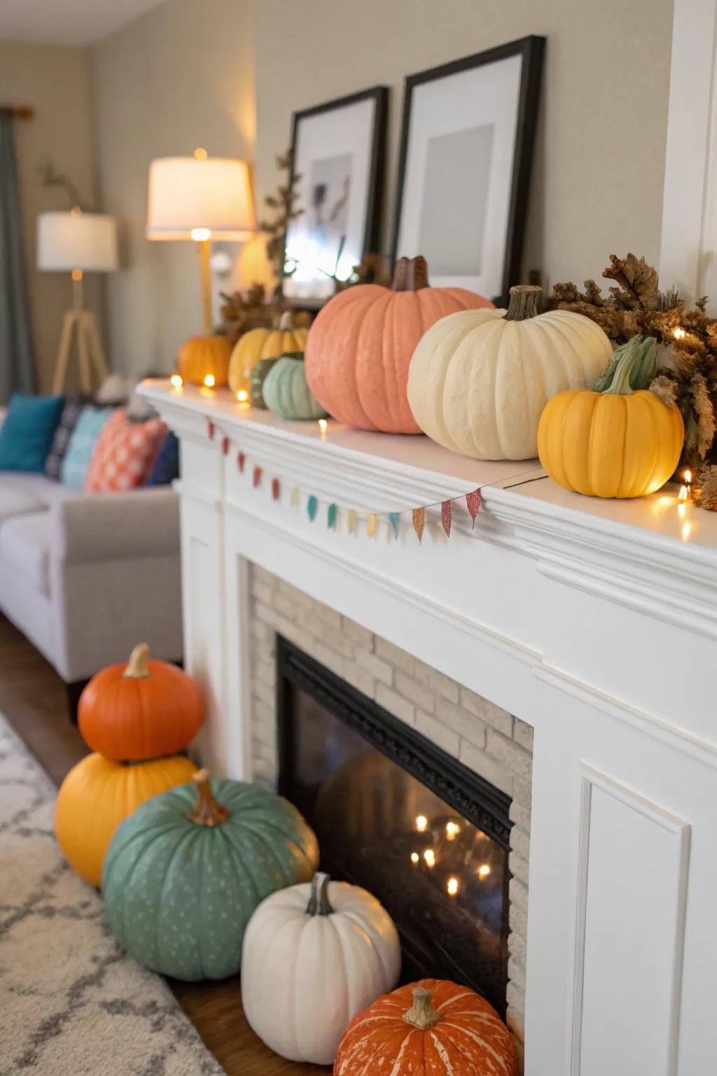 A pumpkin's paradise on the mantel radiates autumnal allure.