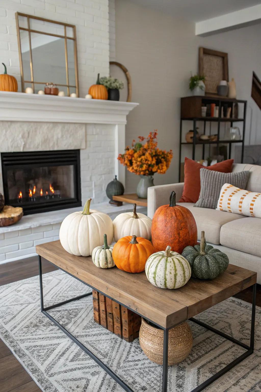 A pumpkin display infuses celebratory charm into any living area.