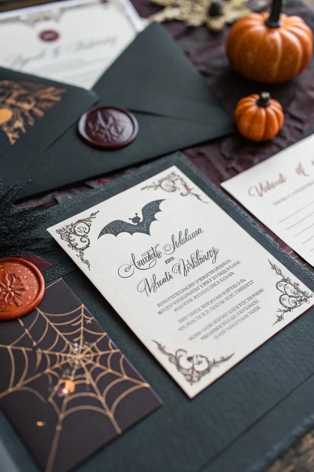 Establish an atmosphere with invitations that are both eerie and sophisticated.