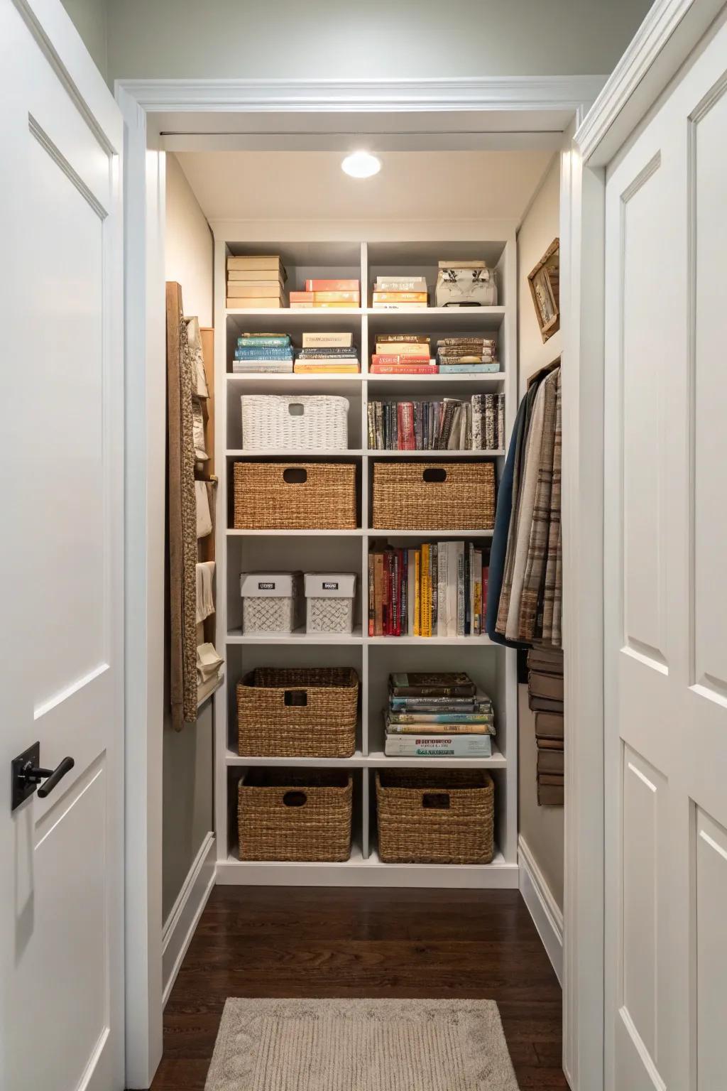 A neatly arranged hallway closet using adjustable shelving to maximize vertical space.