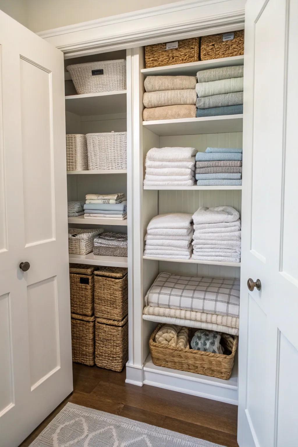 Customizable shelves adapt to your linen needs, from large blankets to neatly folded towels.