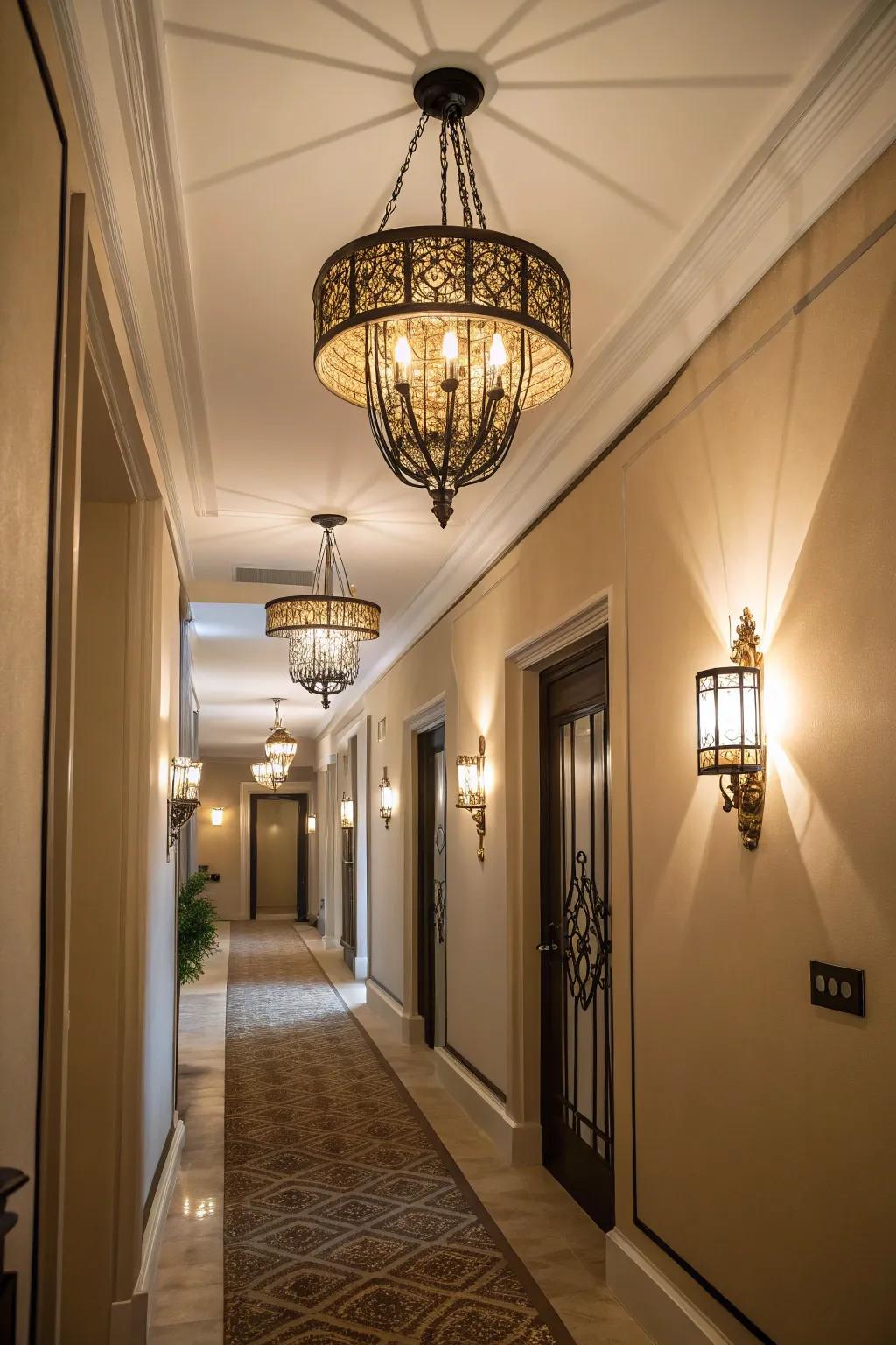 Well-chosen lighting adds warmth and depth to any hallway.