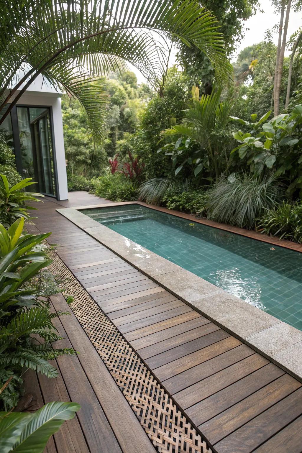 Harmonious blending of drain covers with the deck's wooden aesthetics.