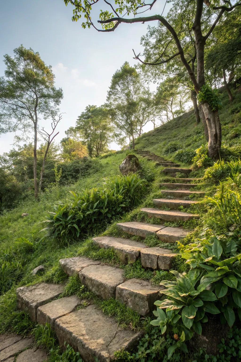 Stonework brings classic refinement and resilience to hillside steps.