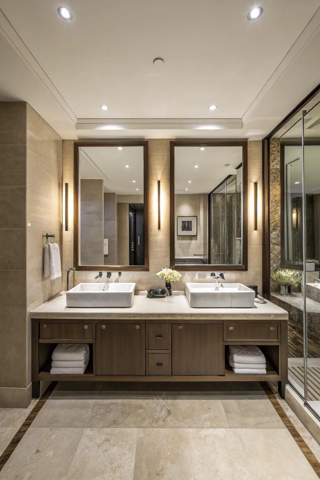 Side-by-side sinks creating individual grooming spaces.