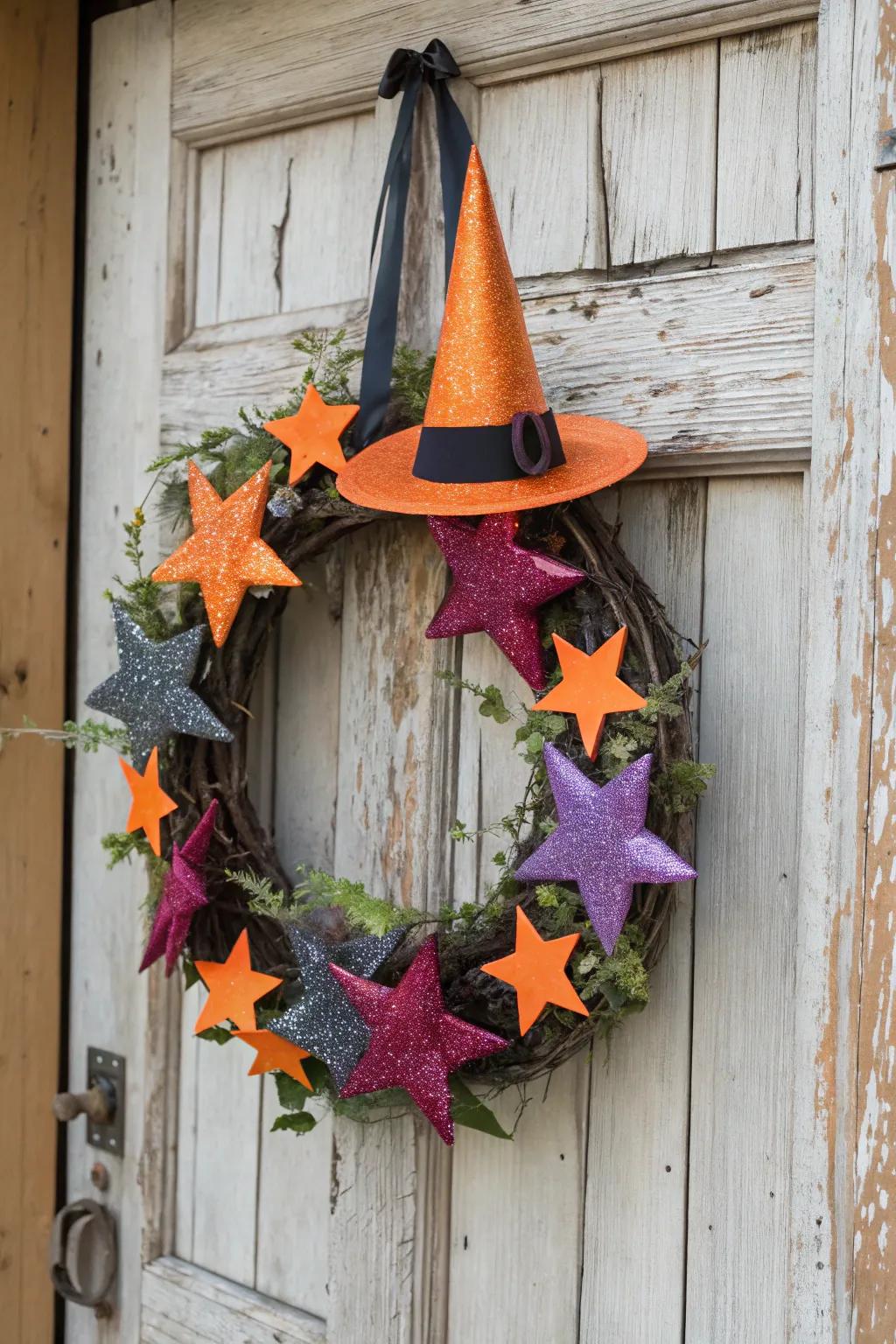 A whimsical wreath with sorceress toppers ideal for conjuring enchantments.