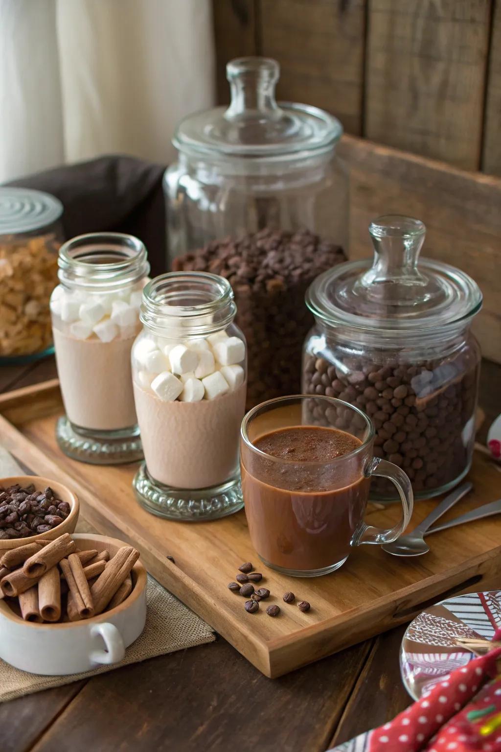 An inviting hot cocoa setup featuring a variety of delightful toppings.