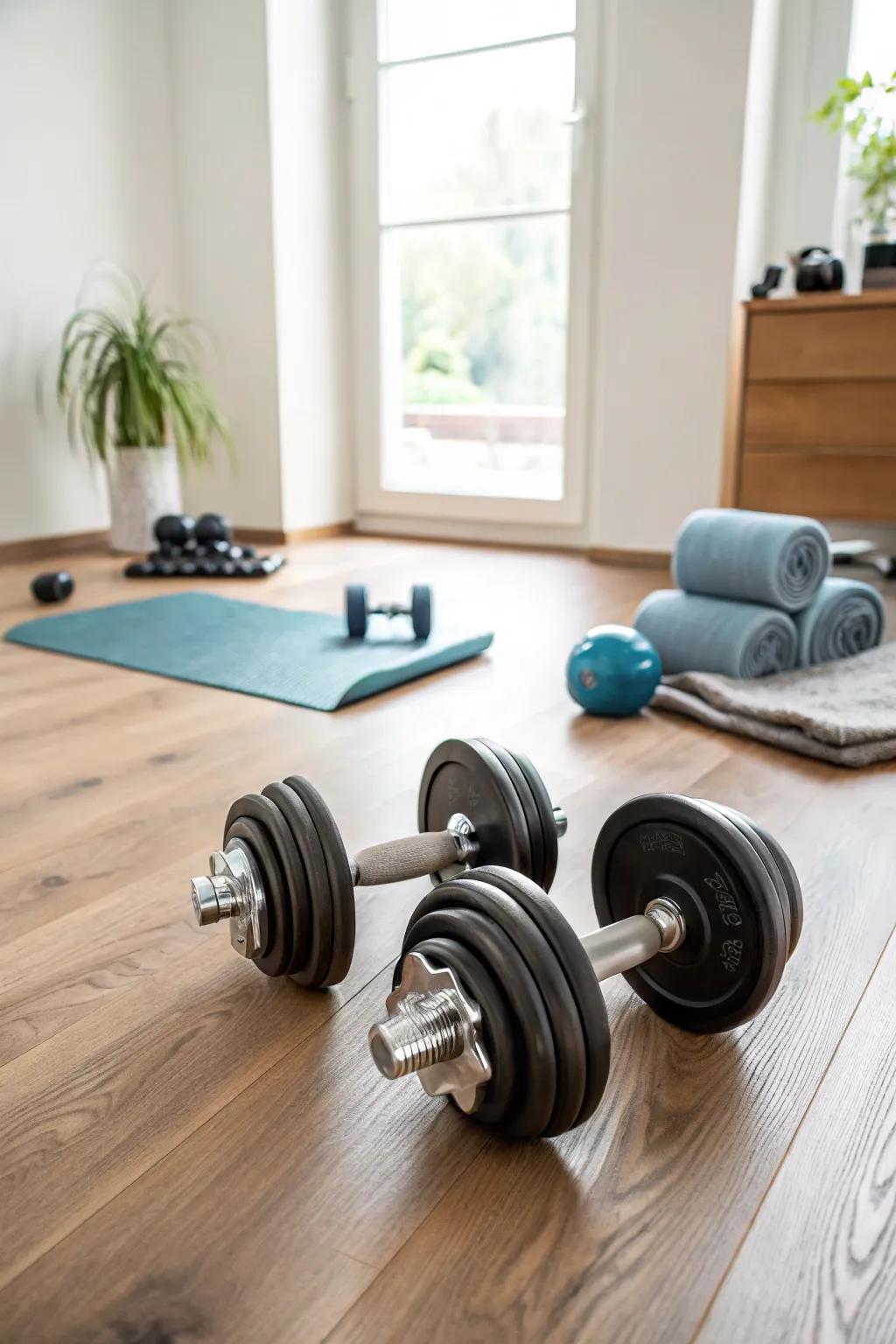 Adjustable dumbbells: Flexible and saves space.